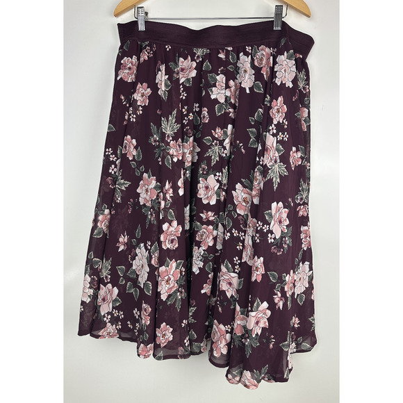 Torrid Floral Midi Chiffon Tulle Lined Skirt Burgundy Pull On Plus Size 2 2X - Picture 9 of 11